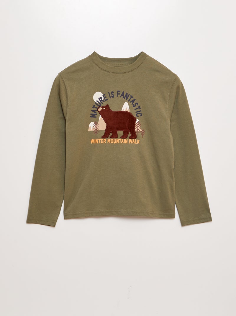 T-shirt com estampado 'urso' de manga comprida CAQUI - Kiabi