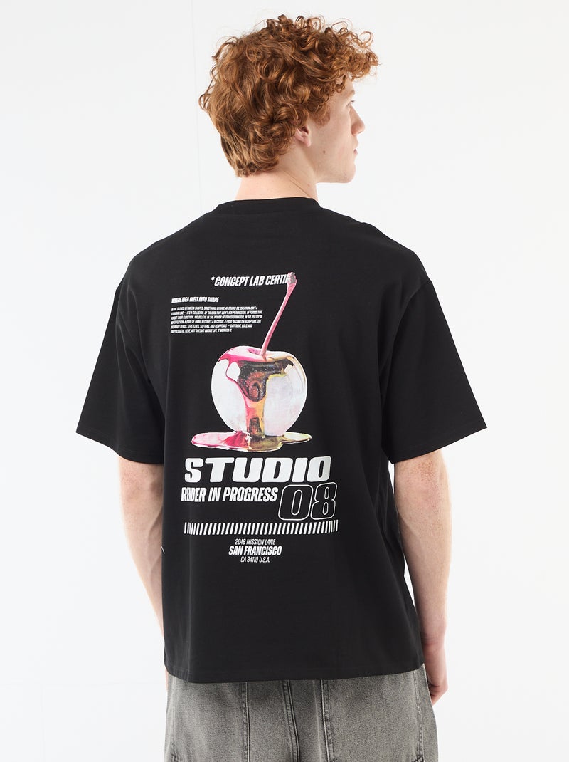 T-shirt com estampados na frente e nas costas em algodão liso Preto - Kiabi