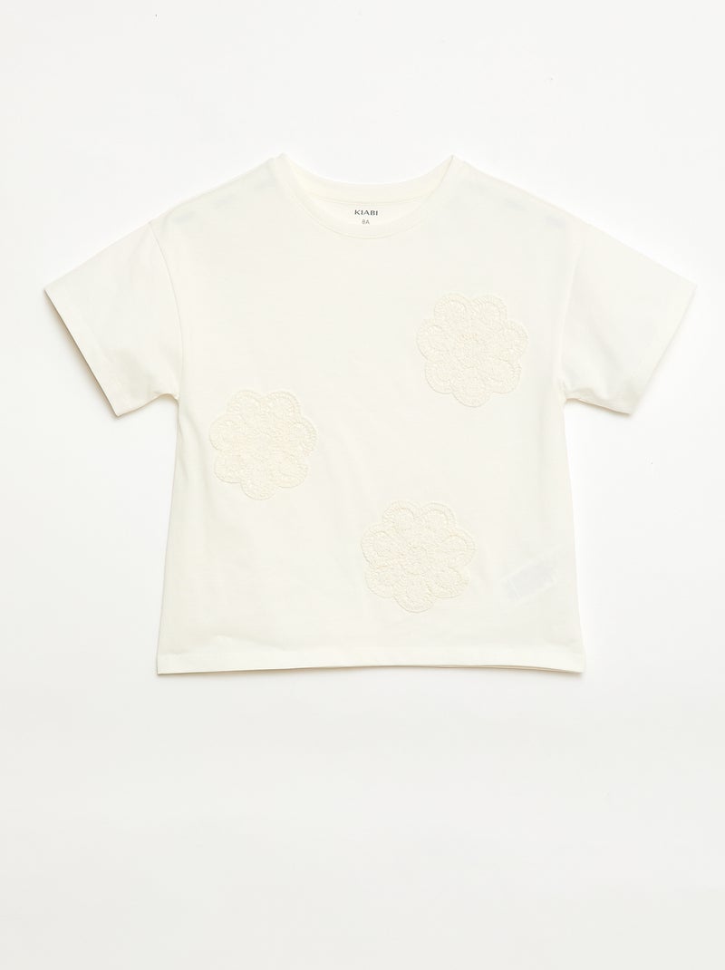 T-shirt com flores em macramé Branco - Kiabi