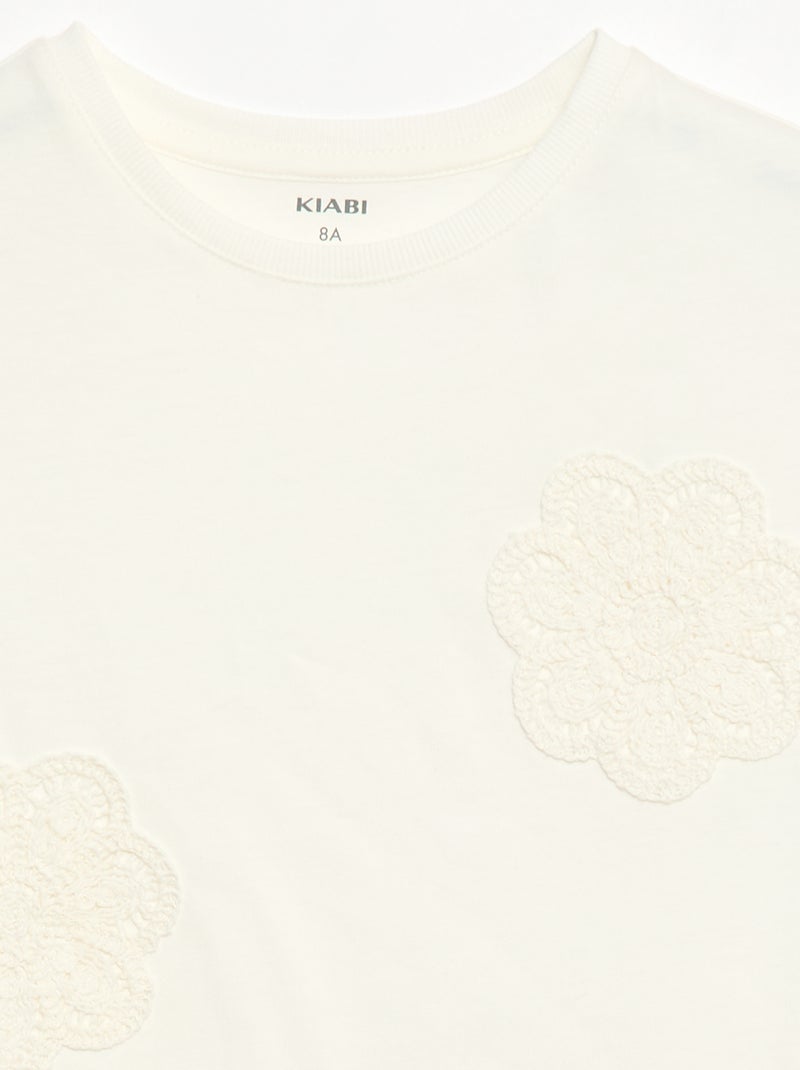 T-shirt com flores em macramé Branco - Kiabi