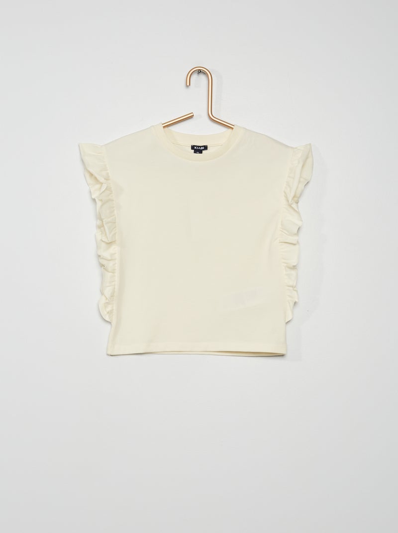 T-shirt com folhos de gola redonda BRANCO - Kiabi