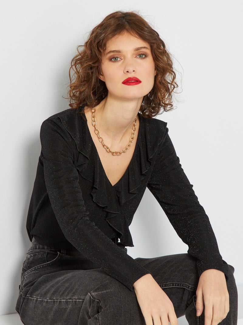 T-shirt com folhos e brilhantes Preto - Kiabi