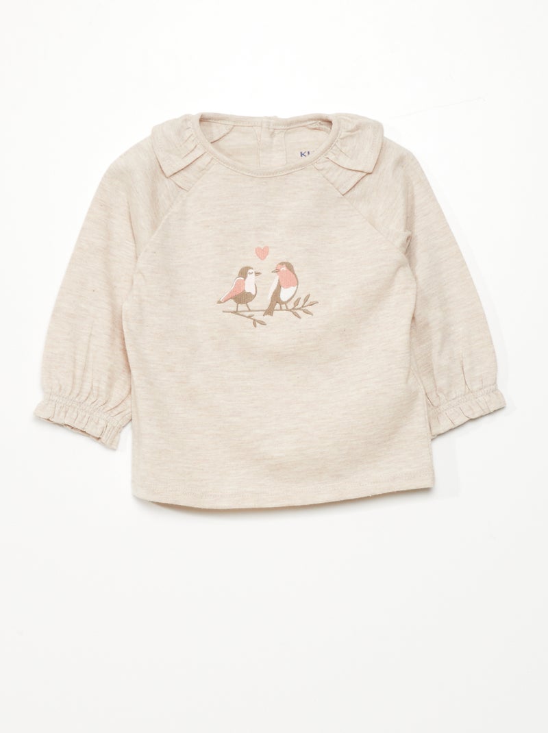 T-shirt com folhos e pássaros bordados BEGE - Kiabi