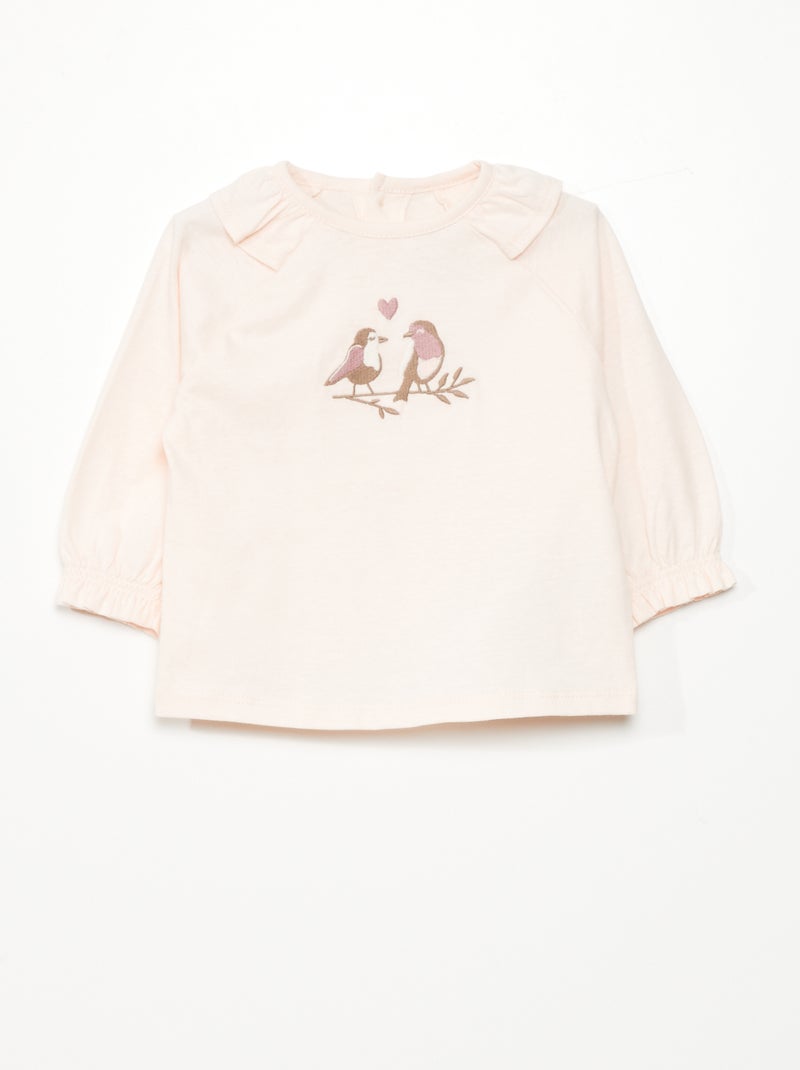 T-shirt com folhos e pássaros bordados ROSA - Kiabi