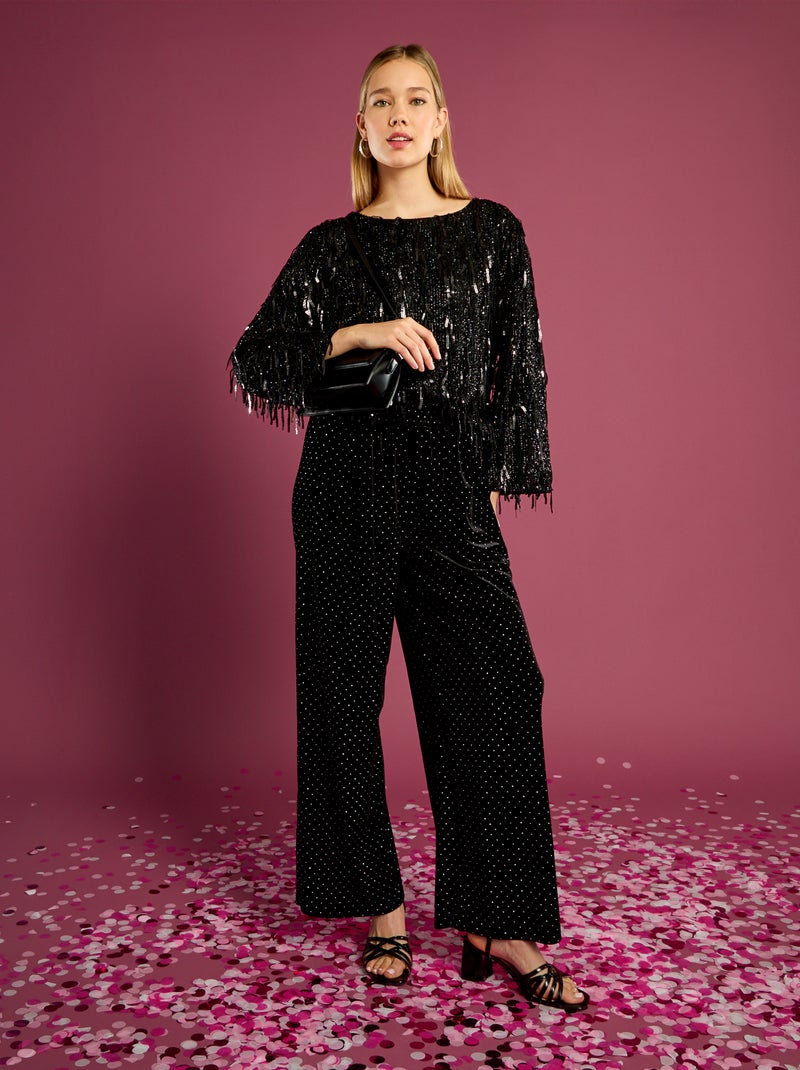 T-shirt com Franjas e Lantejoulas Preto - Kiabi