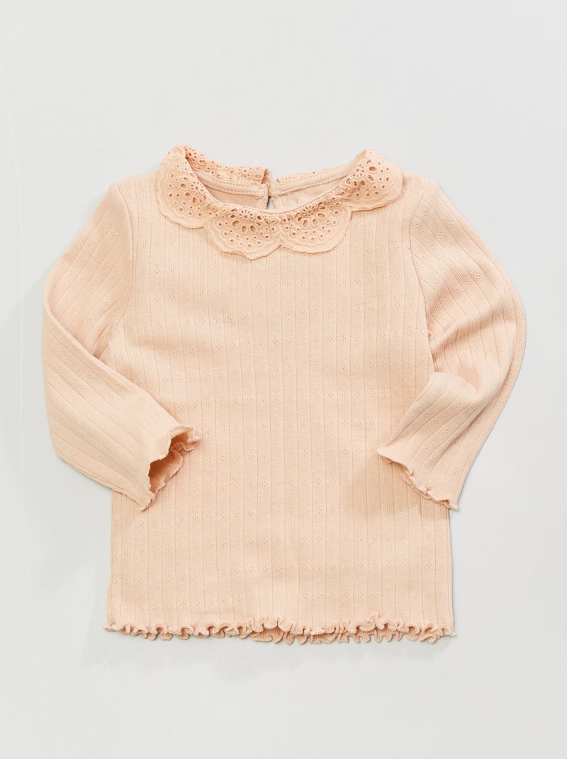 T-shirt com gola claudine e bordado inglês BEGE - Kiabi