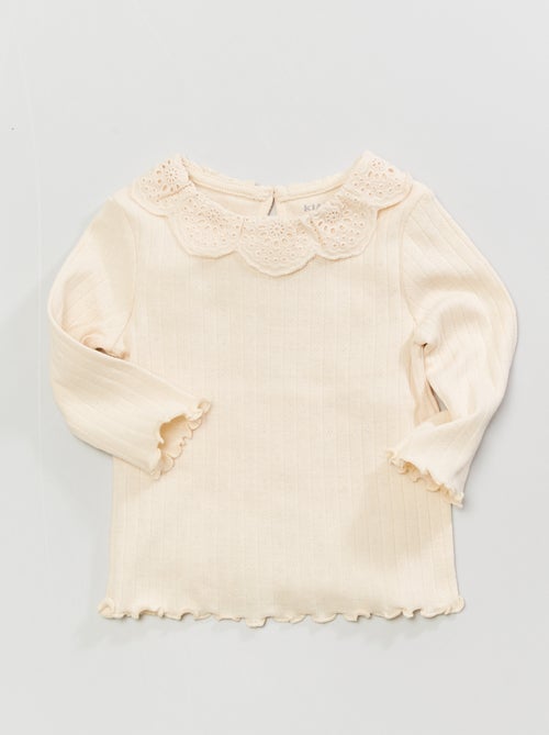 T-shirt com gola claudine e bordado inglês - Kiabi