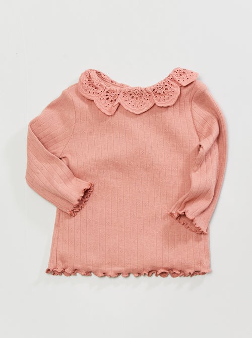 T-shirt com gola claudine e bordado inglês - Kiabi
