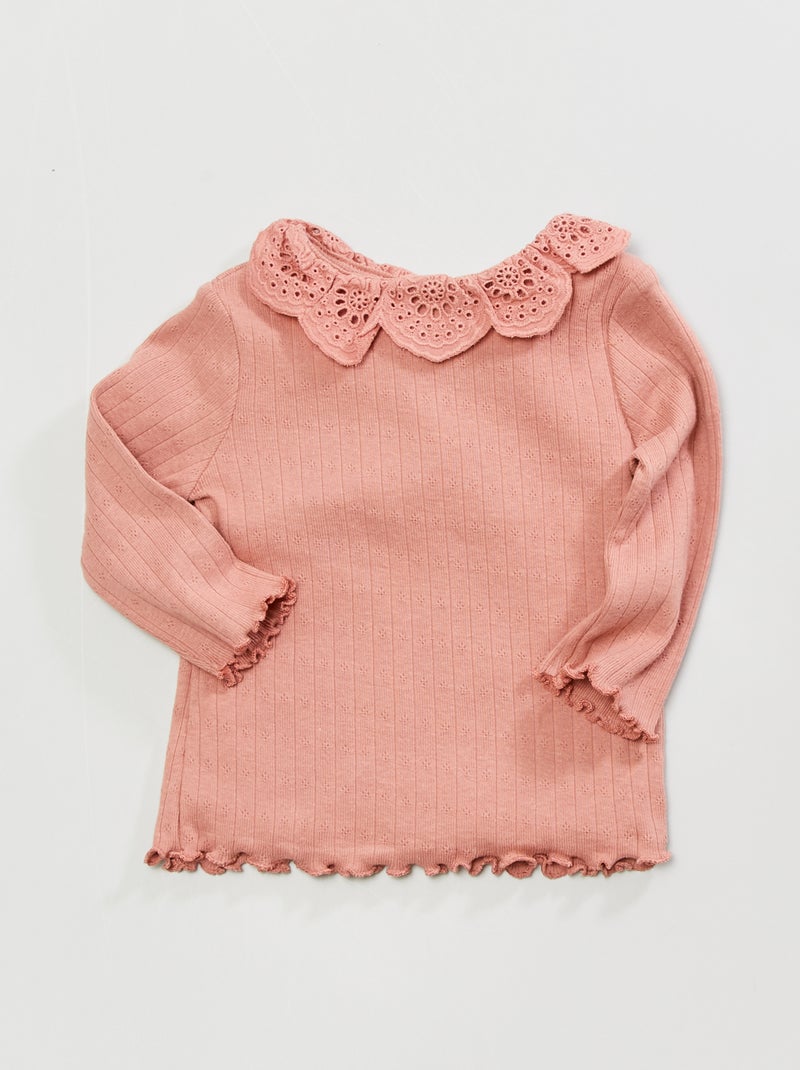 T-shirt com gola claudine e bordado inglês ROSA - Kiabi