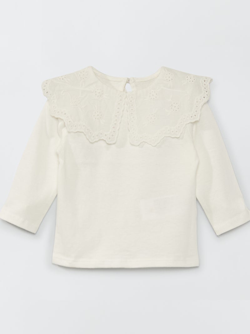 T-shirt com gola claudine em bordado inglês Branco - Kiabi