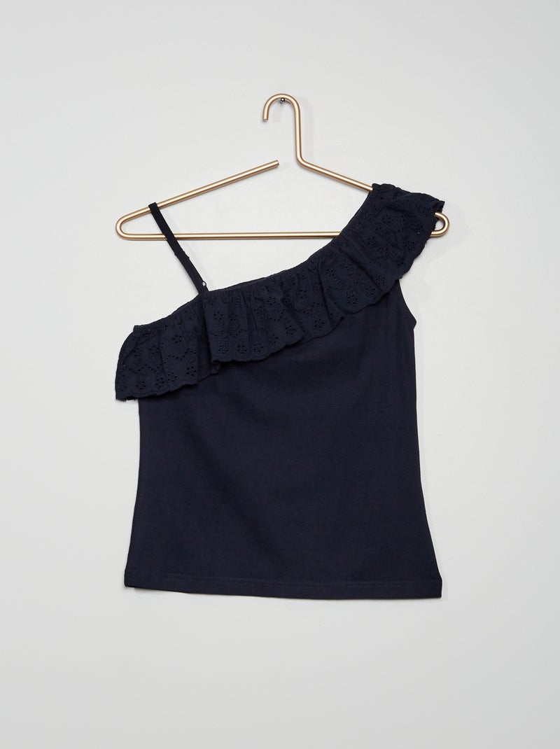 T-shirt com gola com folhos Azul Marinho - Kiabi