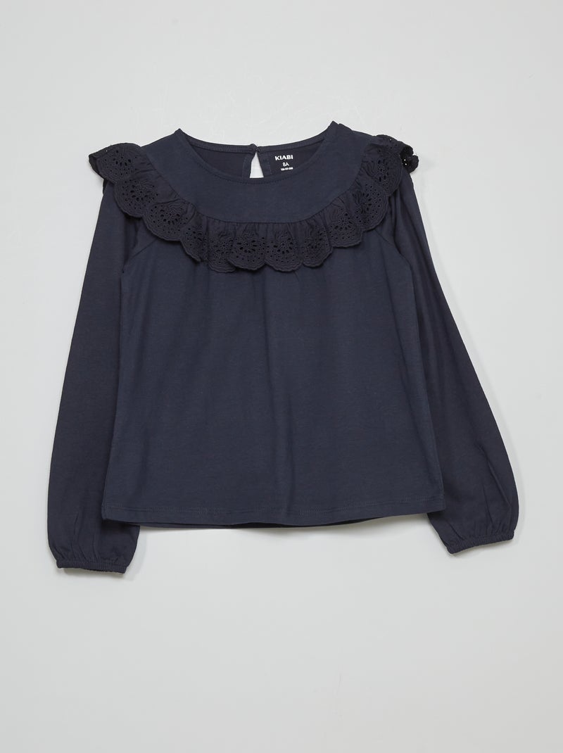 T-shirt com gola com folhos Azul Marinho - Kiabi