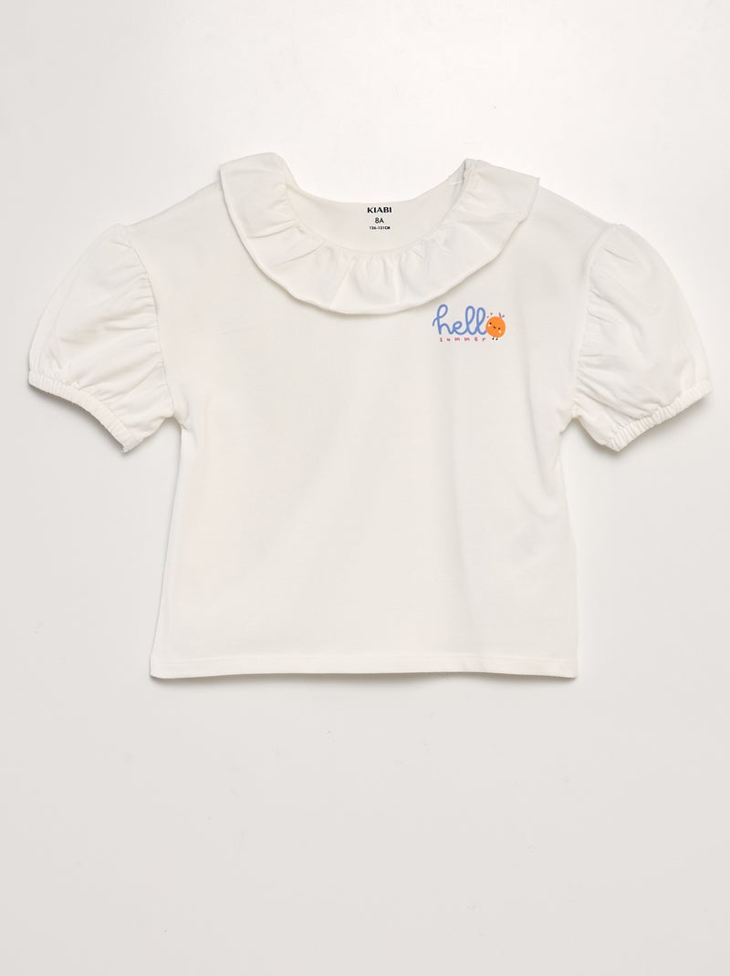 T-shirt com gola com folhos BRANCO - Kiabi