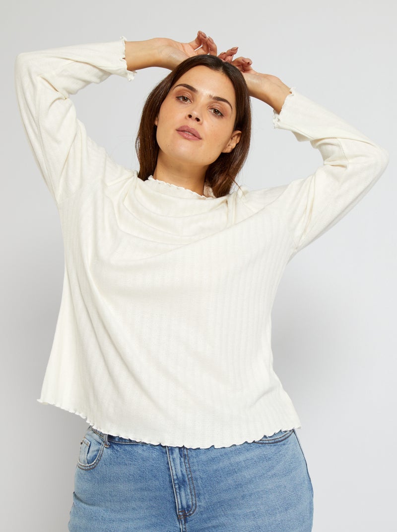 T-shirt com gola com folhos Branco - Kiabi