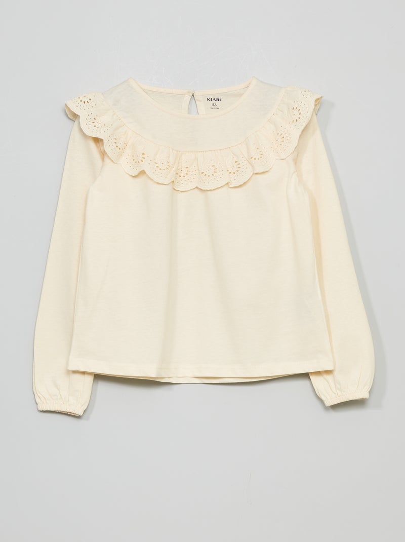 T-shirt com gola com folhos BRANCO - Kiabi