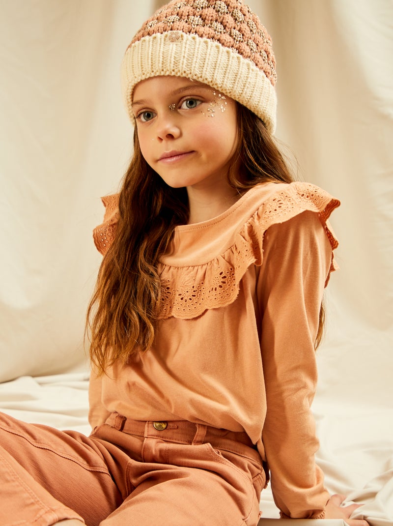 T-shirt com gola com folhos BRANCO - Kiabi