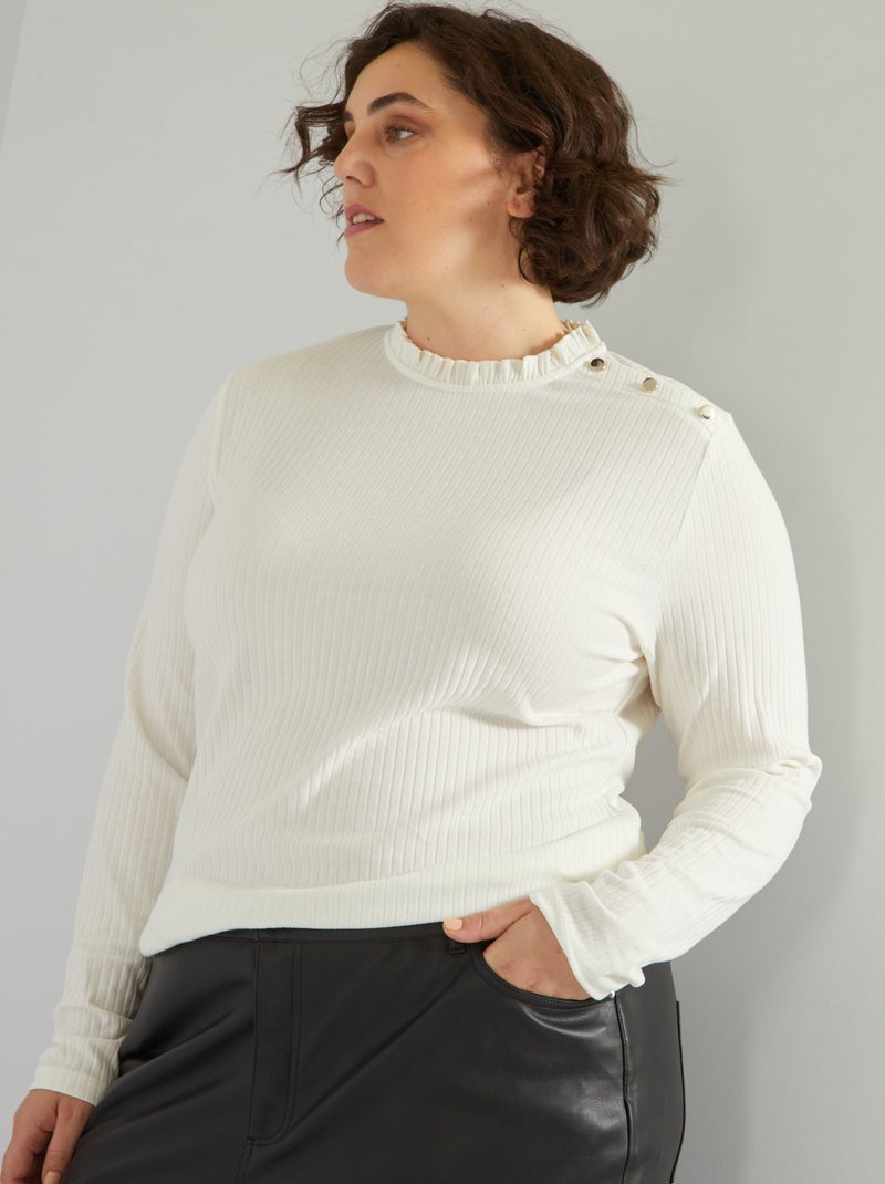 T-shirt com gola com folhos BRANCO - Kiabi