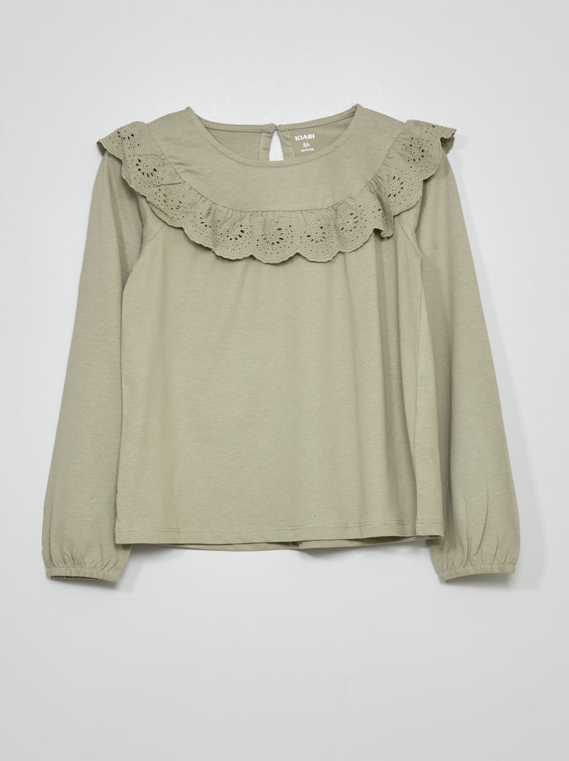 T-shirt com gola com folhos Cinza - Kiabi