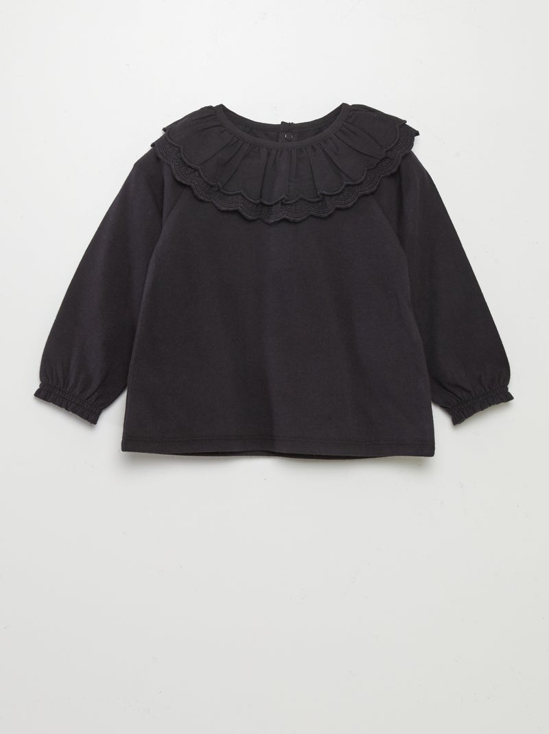 T-shirt com gola com folhos Preto - Kiabi