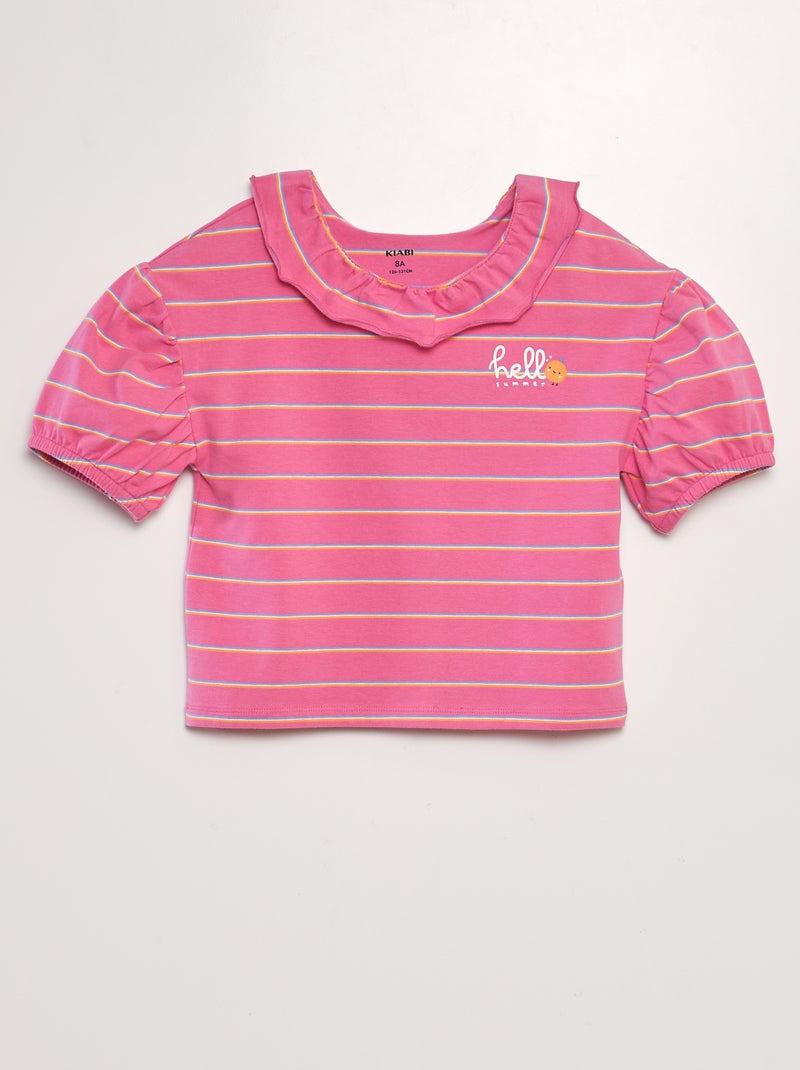 T-shirt com gola com folhos ROSA - Kiabi