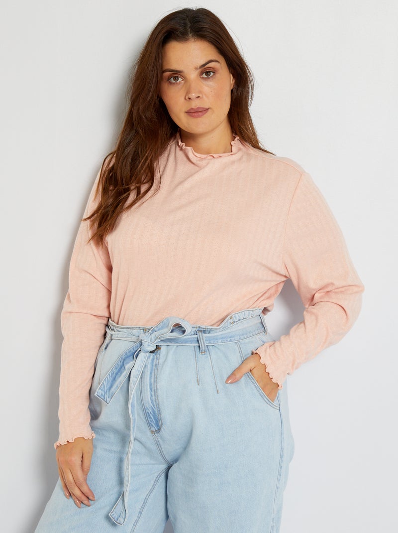T-shirt com gola com folhos ROSA - Kiabi