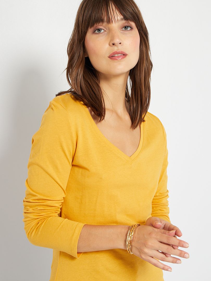 T-shirt com gola em bico Amarelo - Kiabi