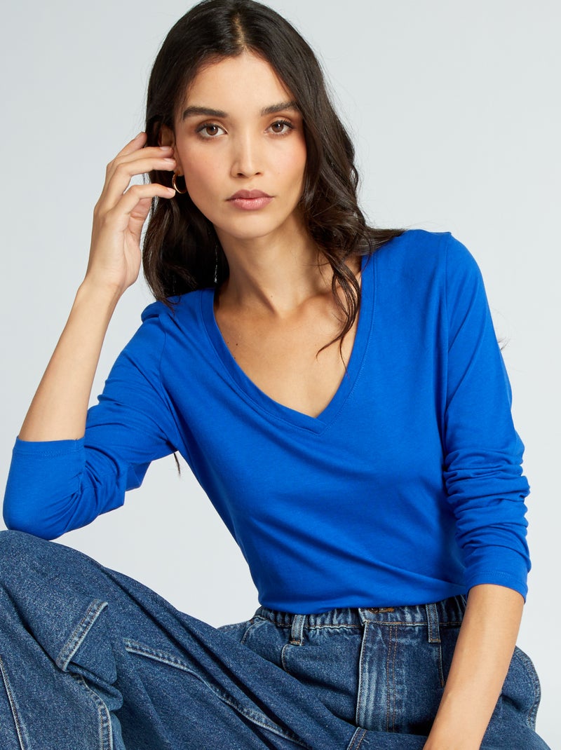 T-shirt com gola em bico Azul - Kiabi