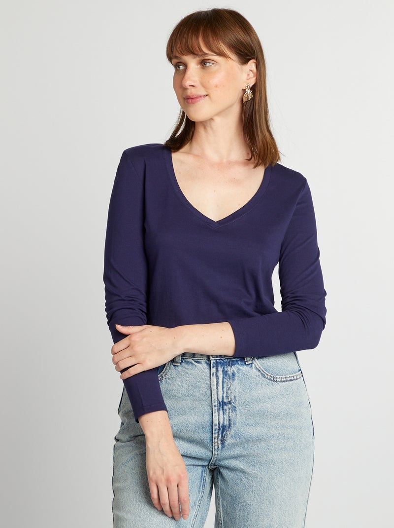 T-shirt com gola em bico Azul - Kiabi