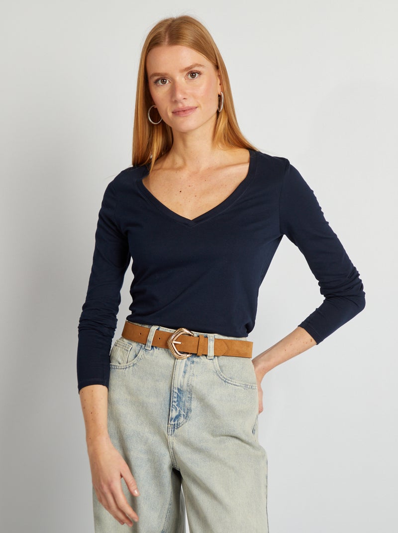 T-shirt com gola em bico AZUL - Kiabi