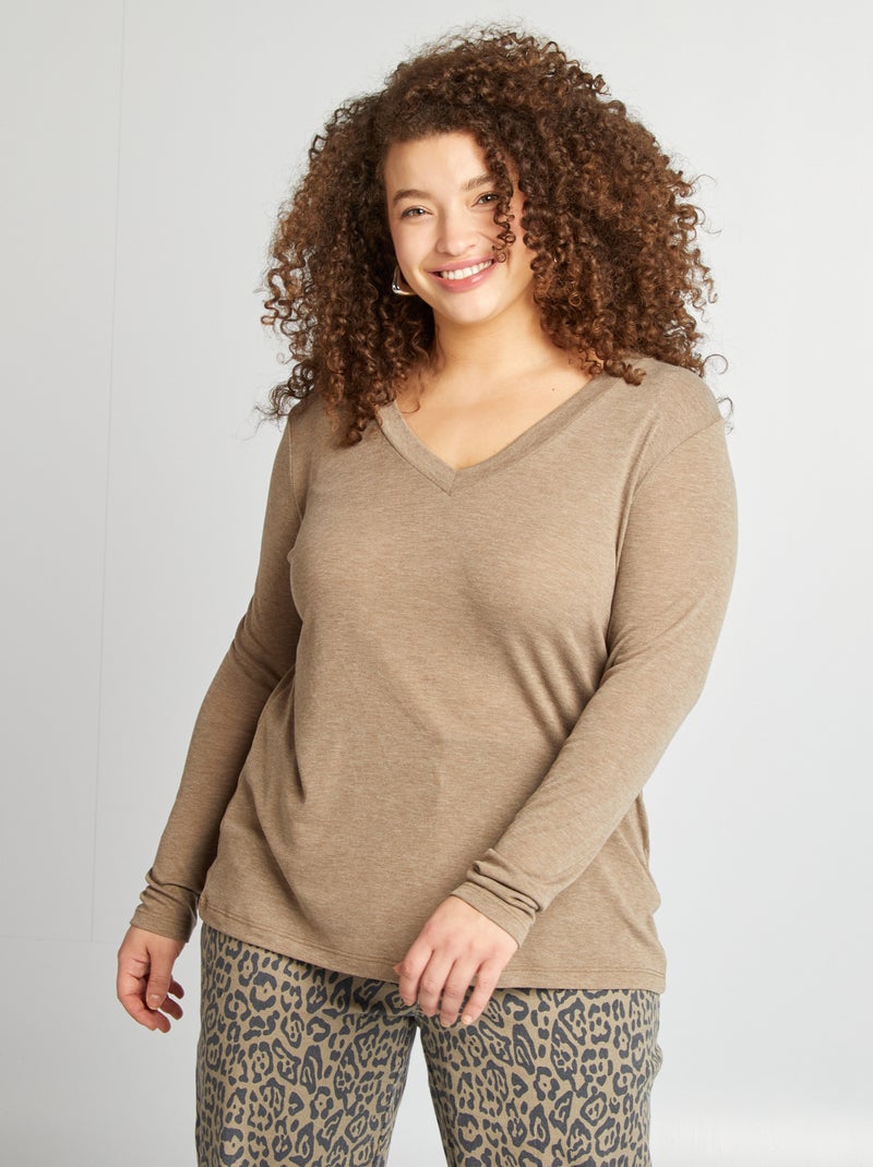 T-shirt com gola em bico CASTANHO - Kiabi