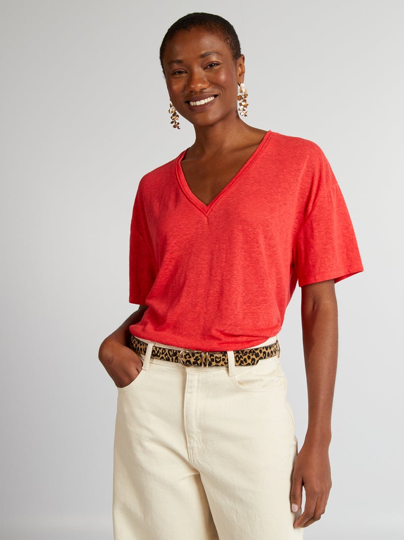 T-shirt com gola em bico com linho VERMELHO - Kiabi