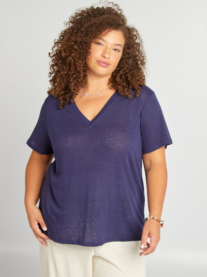 T-shirt com gola em bico em linho misturado Azul - Kiabi