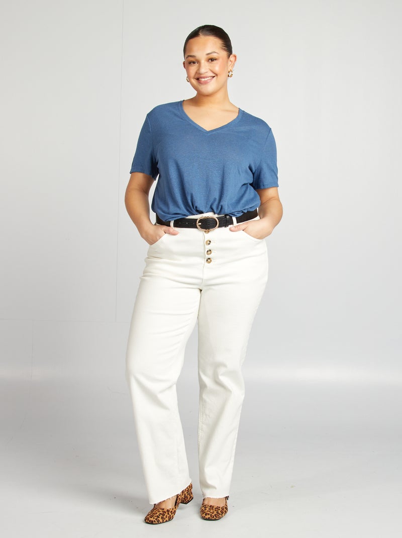 T-shirt com gola em bico em linho misturado AZUL - Kiabi