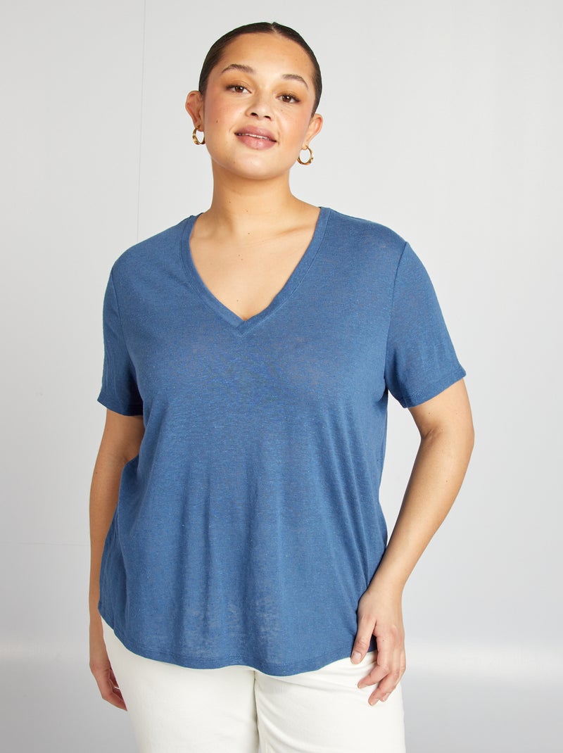 T-shirt com gola em bico em linho misturado AZUL - Kiabi