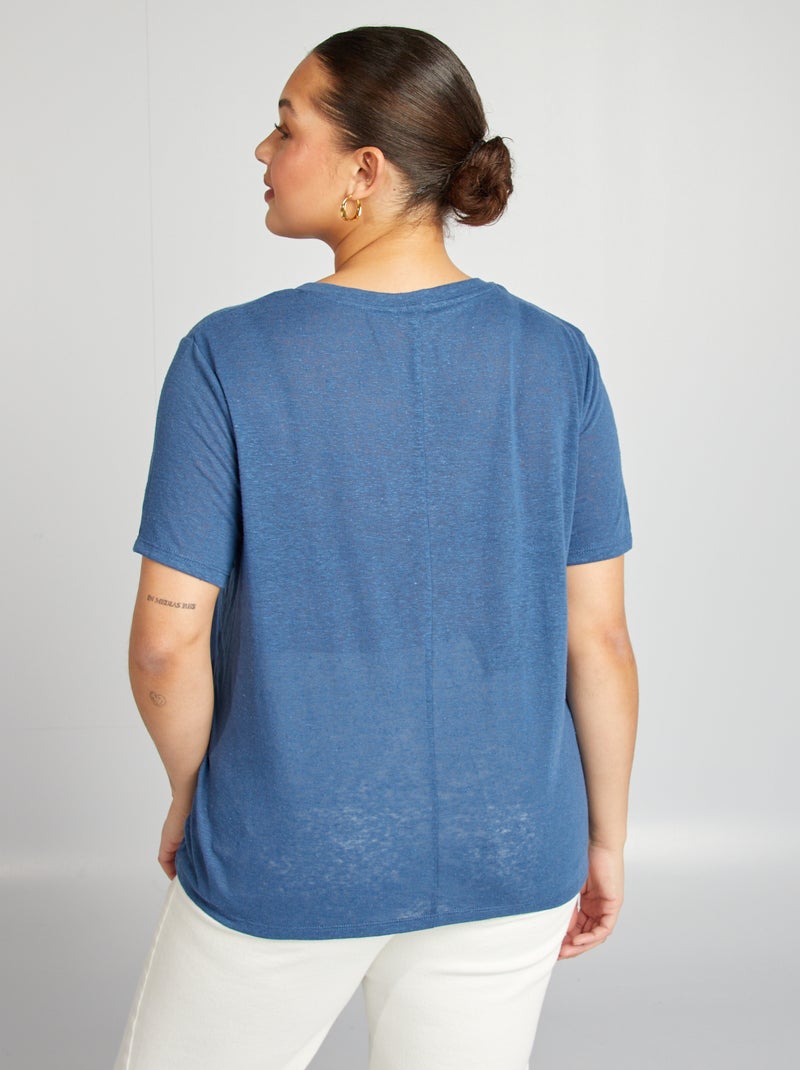 T-shirt com gola em bico em linho misturado AZUL - Kiabi