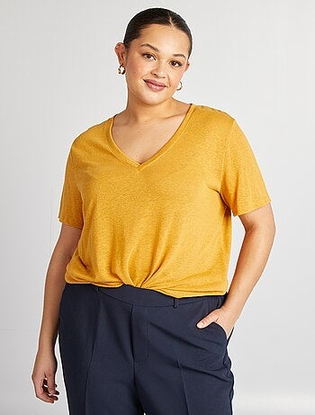 T-shirt com gola em bico em linho misturado