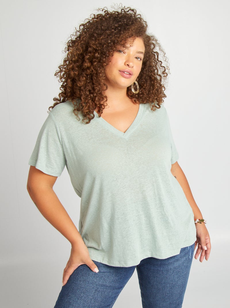 T-shirt com gola em bico em linho misturado VERDE - Kiabi