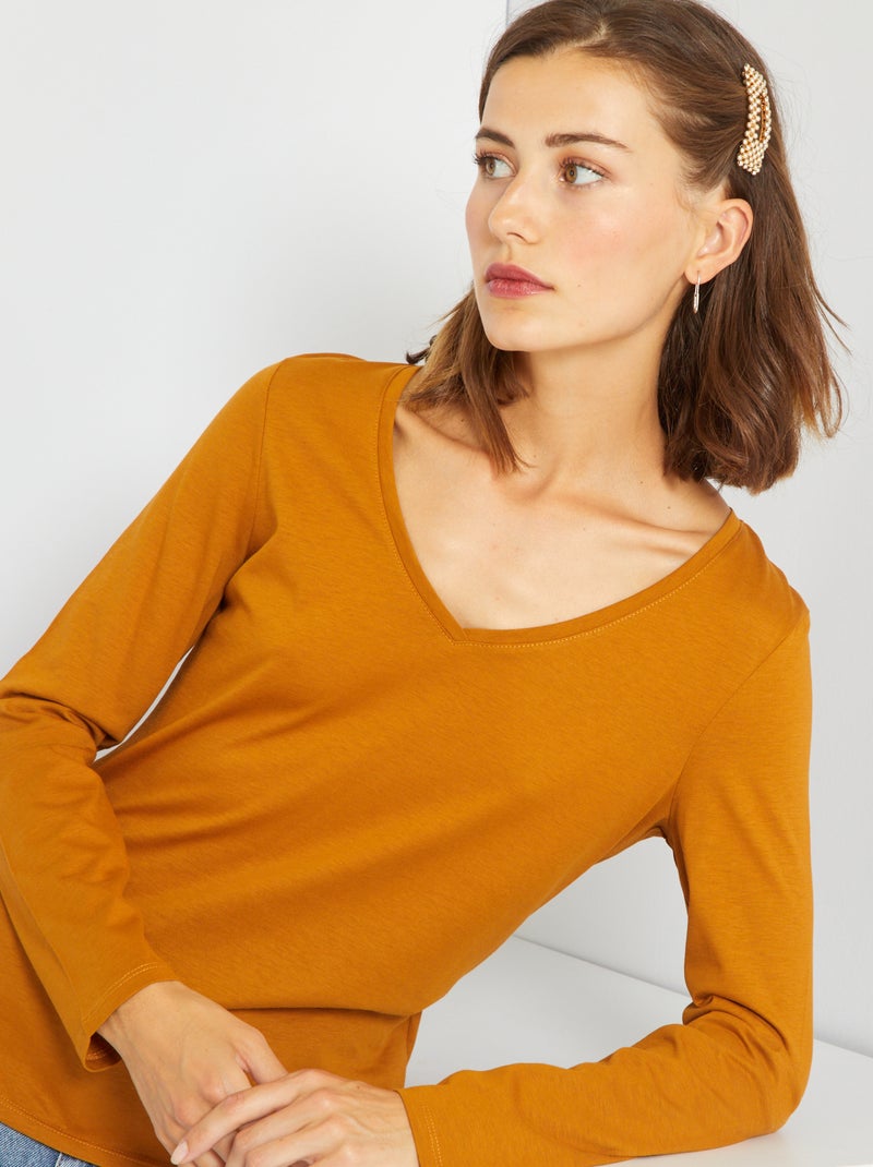T-shirt com gola em bico Laranja - Kiabi