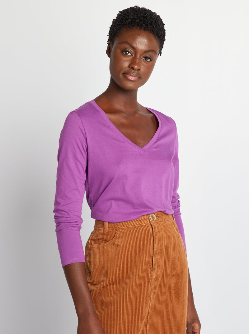 T-shirt com gola em bico Roxo - Kiabi