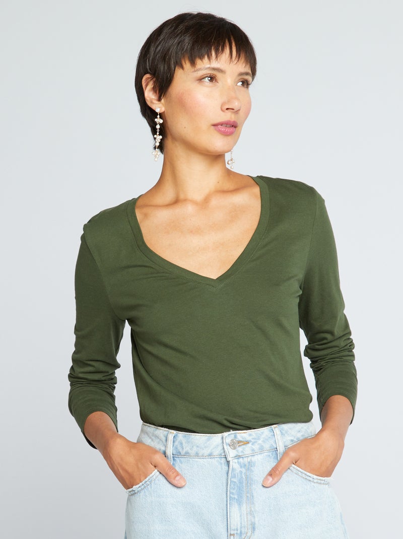 T-shirt com gola em bico Verde - Kiabi
