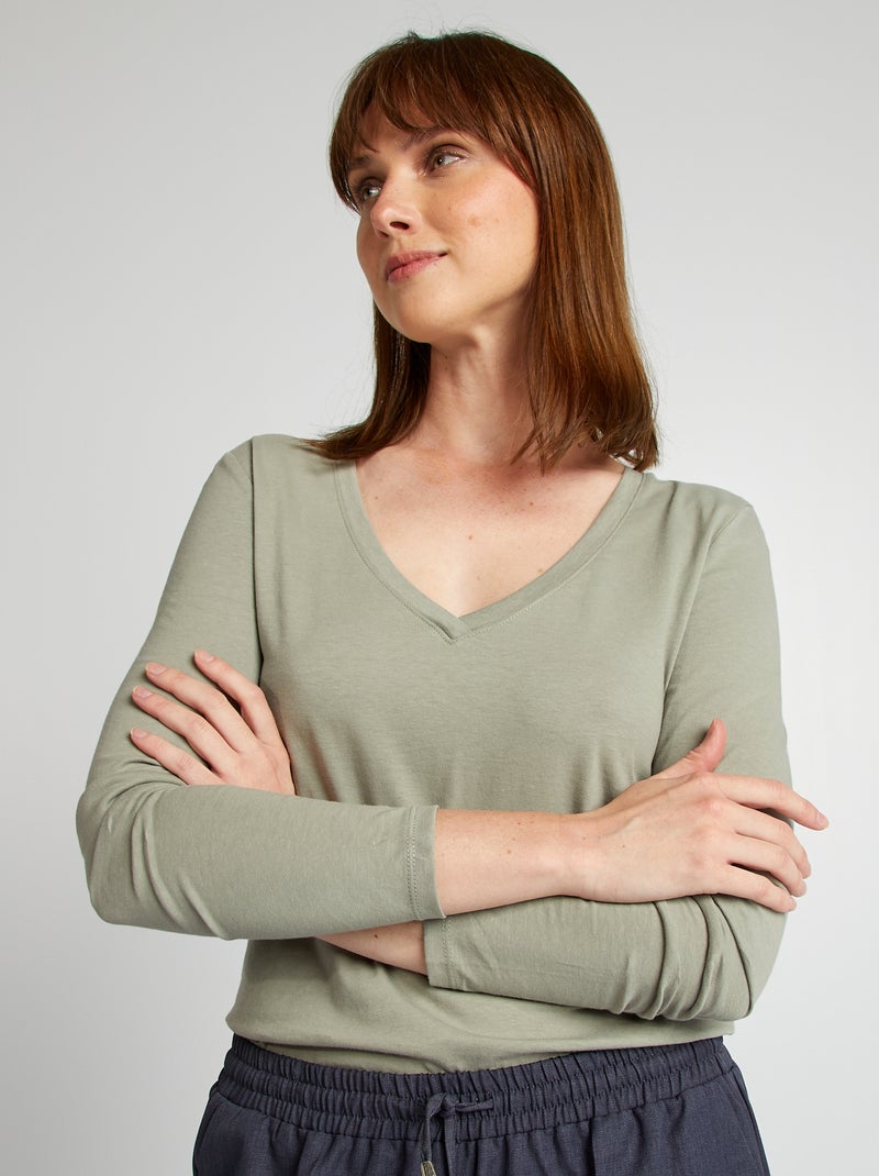 T-shirt com gola em bico VERDE - Kiabi