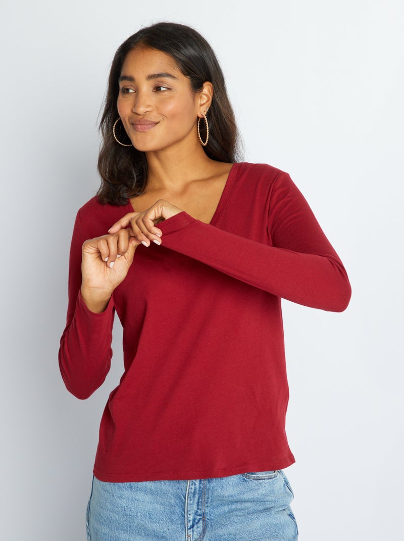 T-shirt com gola em bico VERMELHO - Kiabi