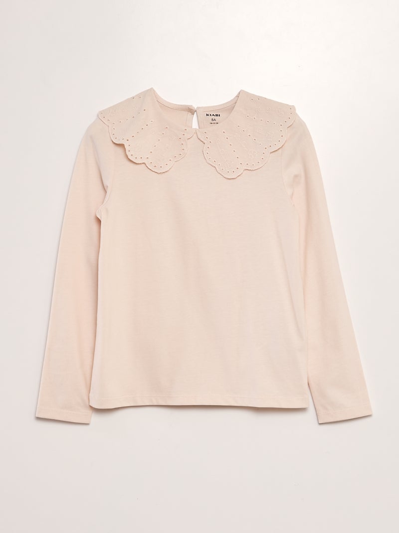 T-shirt com gola em bordado inglês ROSA - Kiabi