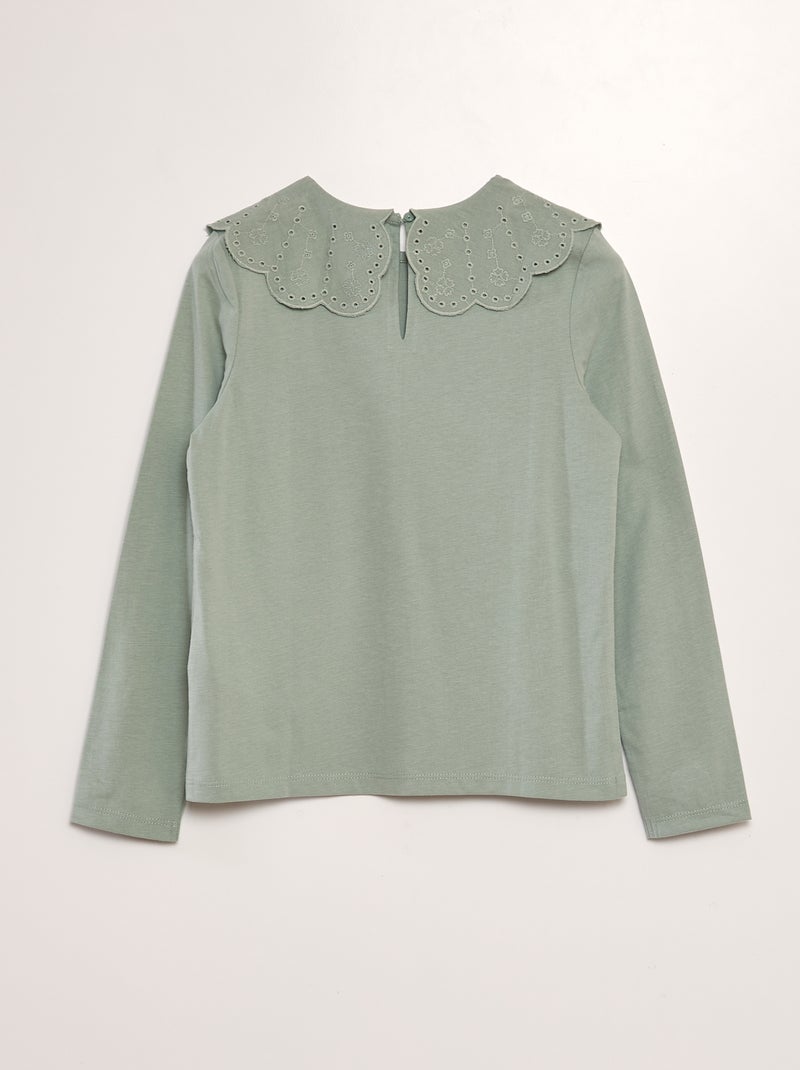 T-shirt com gola em bordado inglês VERDE - Kiabi