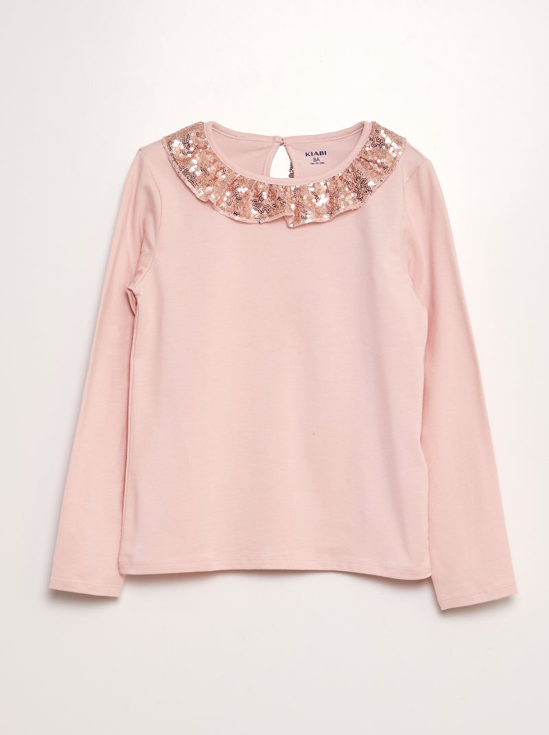 T-shirt com gola em tule e lantejoulas ROSA - Kiabi