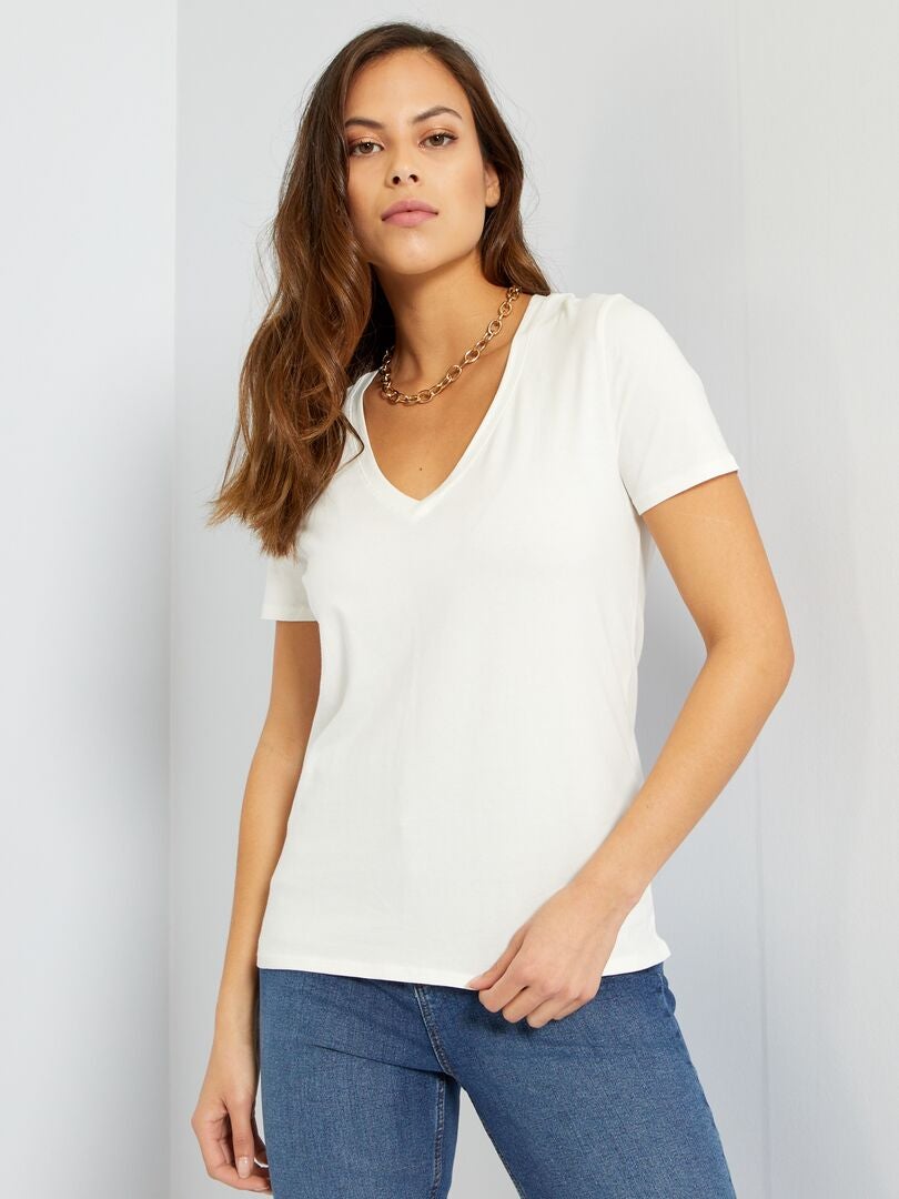 T-shirt com gola em V Branco - Kiabi