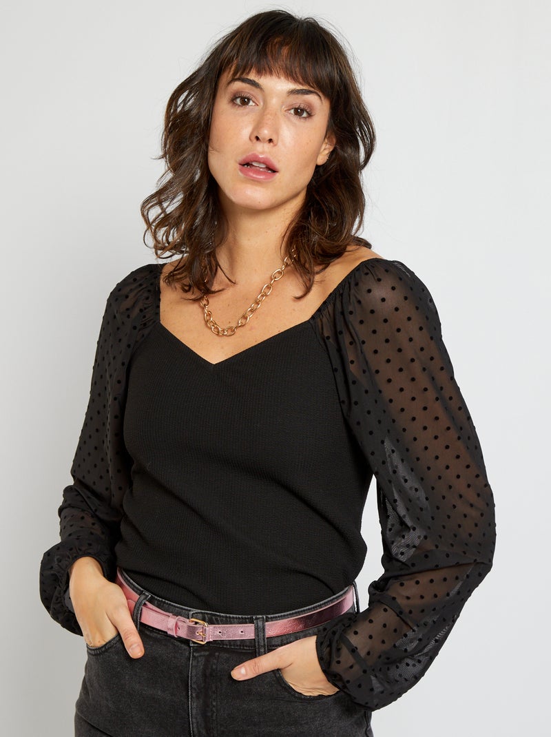T-shirt com gola quadrada Preto - Kiabi
