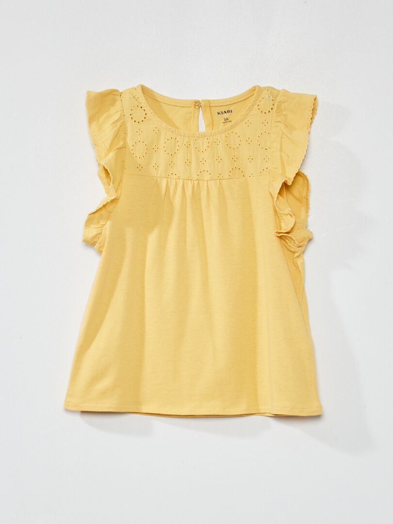 T-shirt com gola redonda com bordado inglês Amarelo - Kiabi