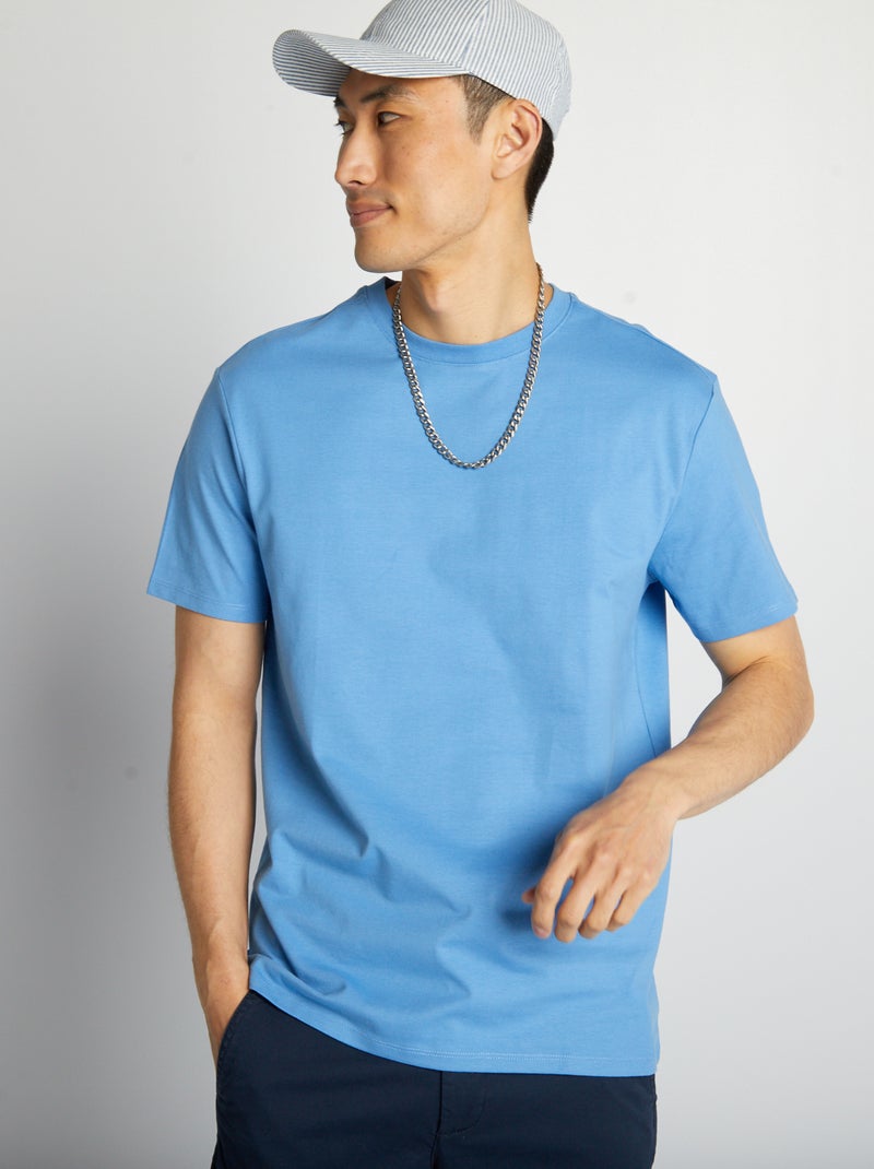 T-shirt com gola redonda de algodão AZUL - Kiabi