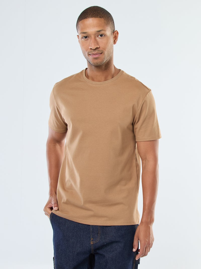 T-shirt com gola redonda de algodão Bege - Kiabi